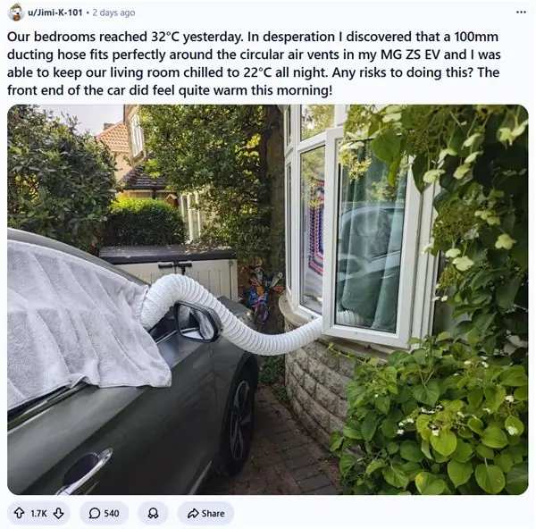 欧洲热爆了!英国车主拿中国名爵电动车救急:一根软管让屋子共享汽车空调
