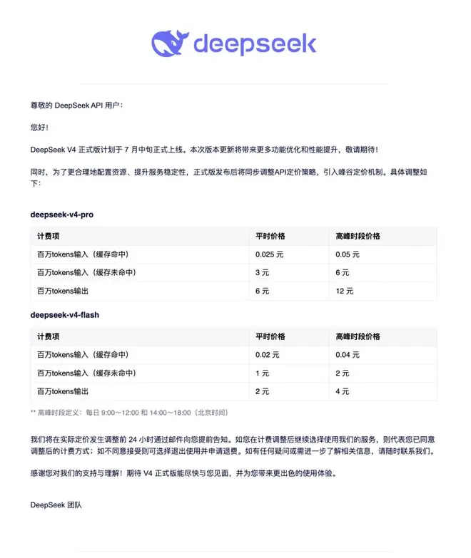 DeepSeek V4正式版7月中旬上线,高峰时段API价格翻倍