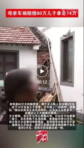 浙江一女子母亲车祸去世赔偿80万元,弟弟拿走74万元,弟媳称“嫁出去的女儿泼出去的水”;当事人:难以接受