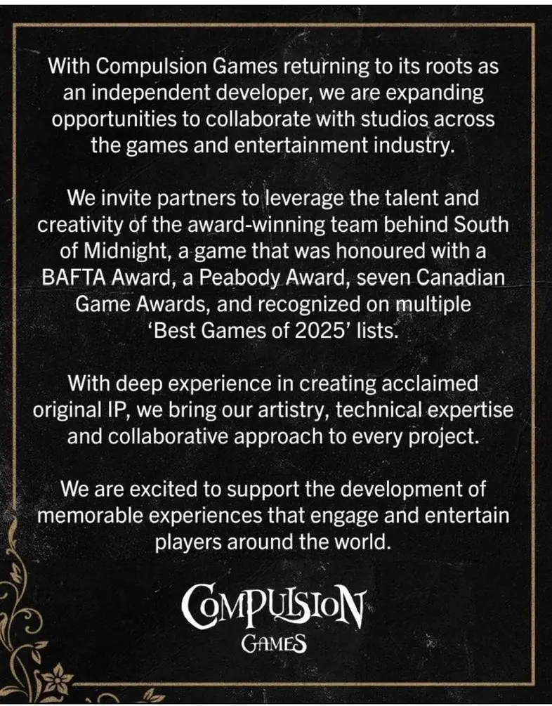 Compulsion Games回归独立身份,开放协作共创叙事驱动型游戏