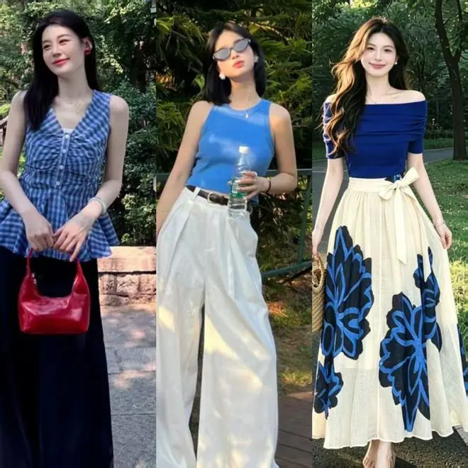夏天衣服别总是穿黑色和白色,蓝色上衣一上身,视觉直降5度