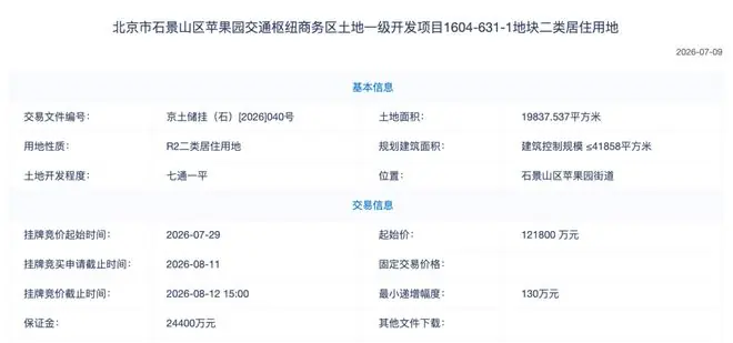 石景山核心区地价回调?越秀天玥隔壁地块挂牌,楼面价2.9万/㎡