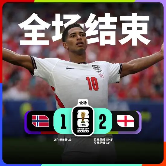 英格兰2-1挪威晋级四强!贝林厄姆梅开二度