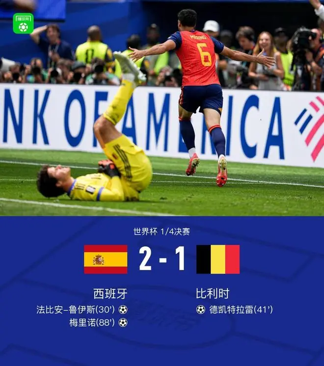 实况足球丨西班牙2-1比利时晋级4强,梅里诺连场绝杀,库尔图瓦伤退