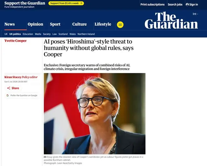 英国外交大臣库珀警告:AI或成未来10年最大安全挑战